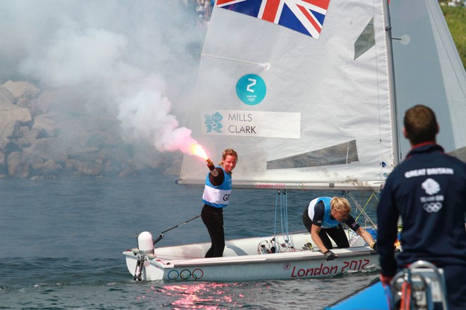 Olympic Games Sailing at Weymouth, Dorset August 2012. The Women’s 470 medal race on the Nothe course. Hannah Mills and Saskia Clarke win silver for Great Britain. © Ingrid Abery http://www.ingridabery.com